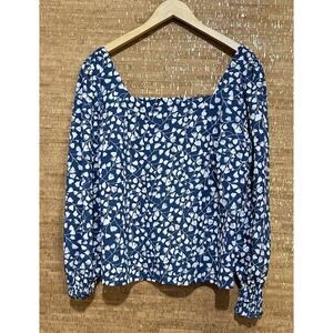 Melloday Blue White Floral Square Neck Top Long Sleeve Elastic Stretch Cuffs XL